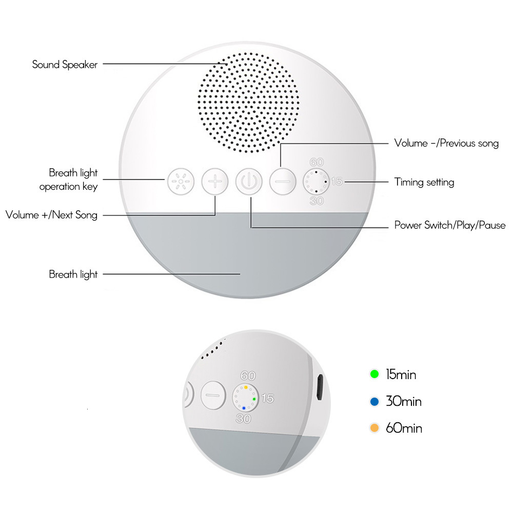 Baby Monitor Camera White Noise Sleep Machine Built-in 6 Soothing Sound Soft Breath Light 15/30/60 Intelligent Timing For Baby Adult Office Travel 230