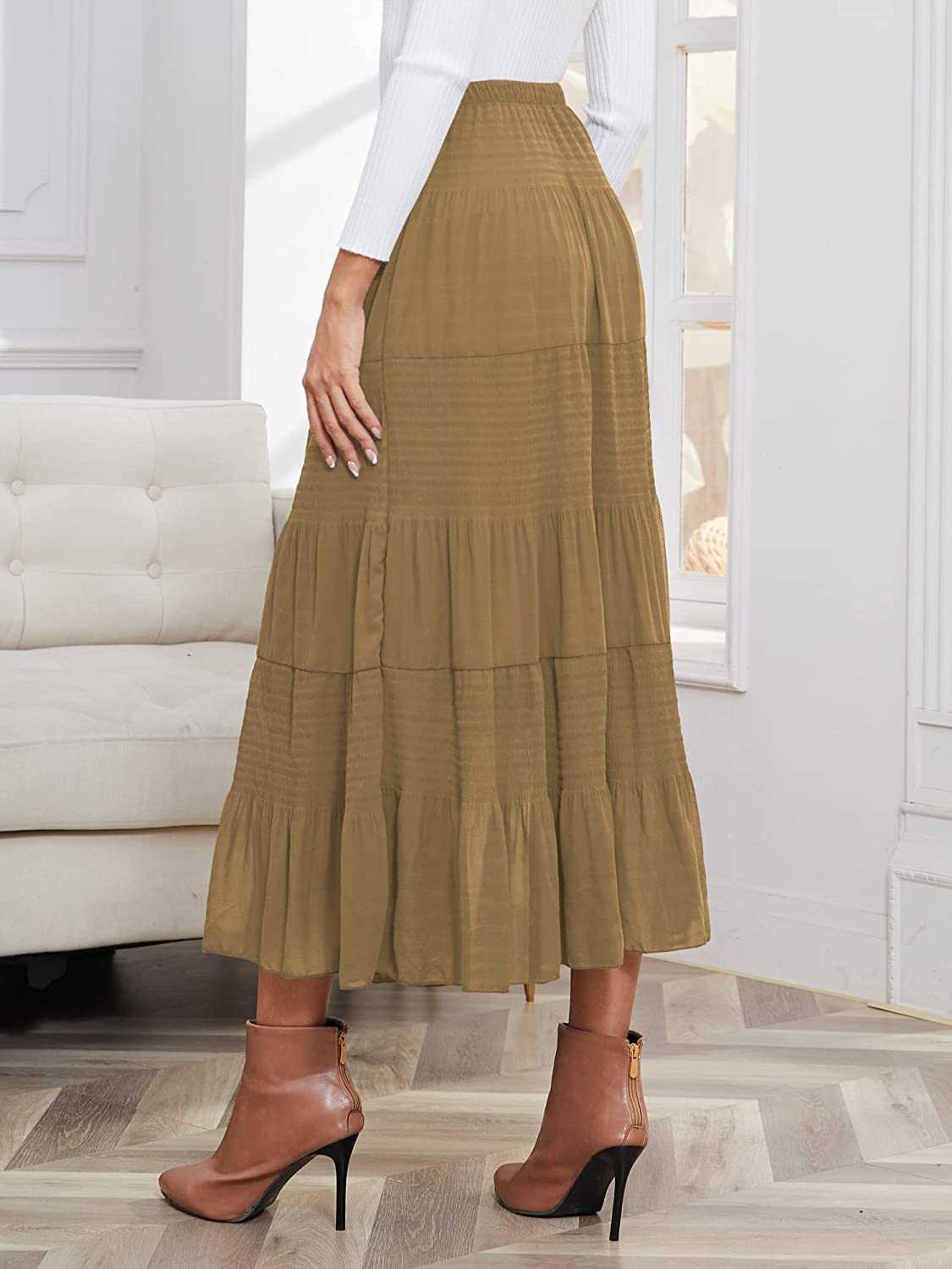 NASHALYLY Women's Chiffon Elastic High Waist Pleated A-Line Flared Maxi Skirts