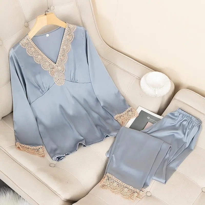 Women's Sleepwear 4611c-4 Womens Silk Satin Pajamas Pyjama set Sleepwear Pajamas Suit Female Sleep Two Piece Set Loungewear Home Wear49b1-1 23041