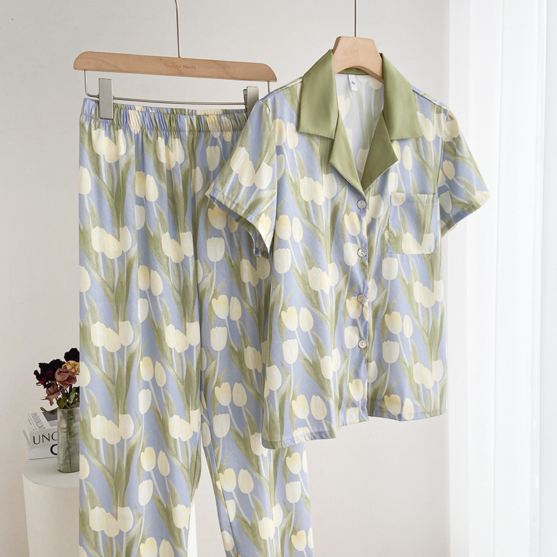 Women's Sleepwear Lisacmvpnel French Ice Silk Thin Style Pajamas Women's High Sense Home Clothes Short Sleeved Trousers Two-piece Set Pyjama