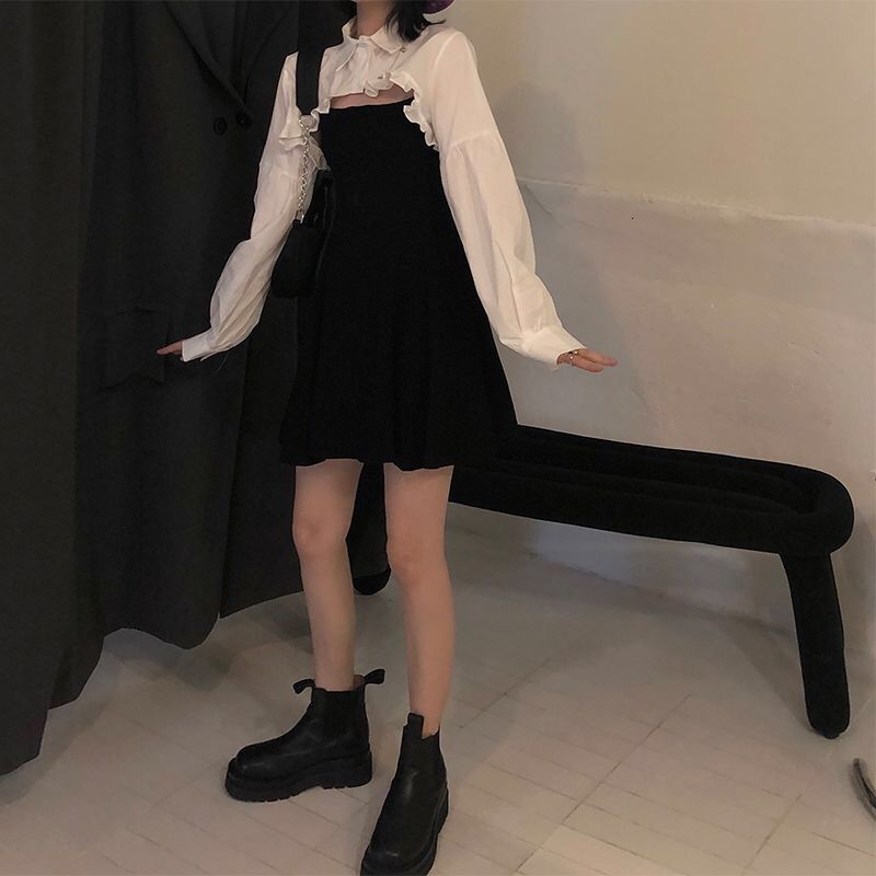 Two Piece Dres Clothing Sets Lantern Sleeve Short Loose White Shirts Korean Fashion Sexy Black Women's Dress Suit High Street 230418
