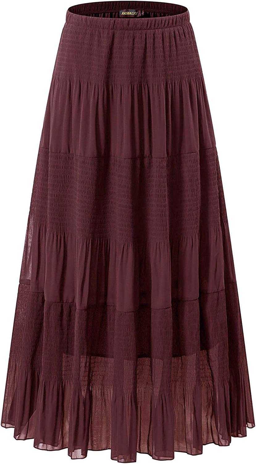 NASHALYLY Women's Chiffon Elastic High Waist Pleated A-Line Flared Maxi Skirts