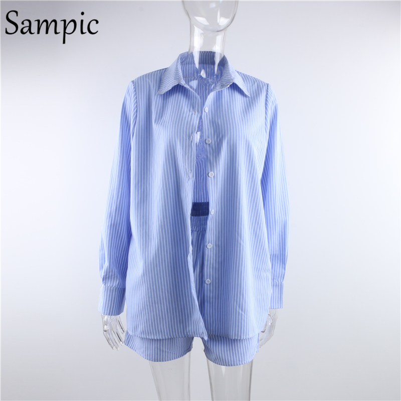 Women's Tracksuits Sampic Loung Wear Tracksuit Women Shorts Set Stripe Long Sleeve Shirt Tops And Waist Loose High Mini Two Piece Sets 230417