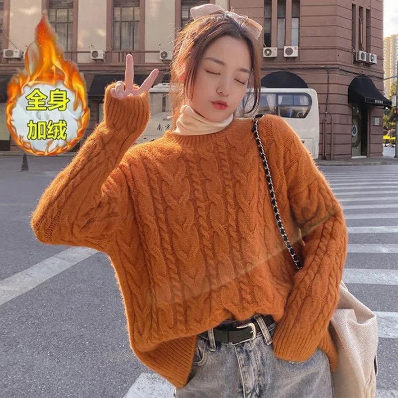 Womens Sweaters Velvet Thick Knitted Sweater Women Retro Western Style Short Student Hedging Fall/Winter Loose Outside Take LazyWomens