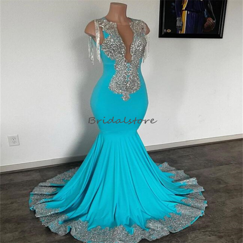 Luxury Black Girls Rhinestone Prom Dress With Tassel Elegant Mermaid Blue Plus Size Evening Gowns Open Back Beaded Formal Party Aso Ebi African Gradua
