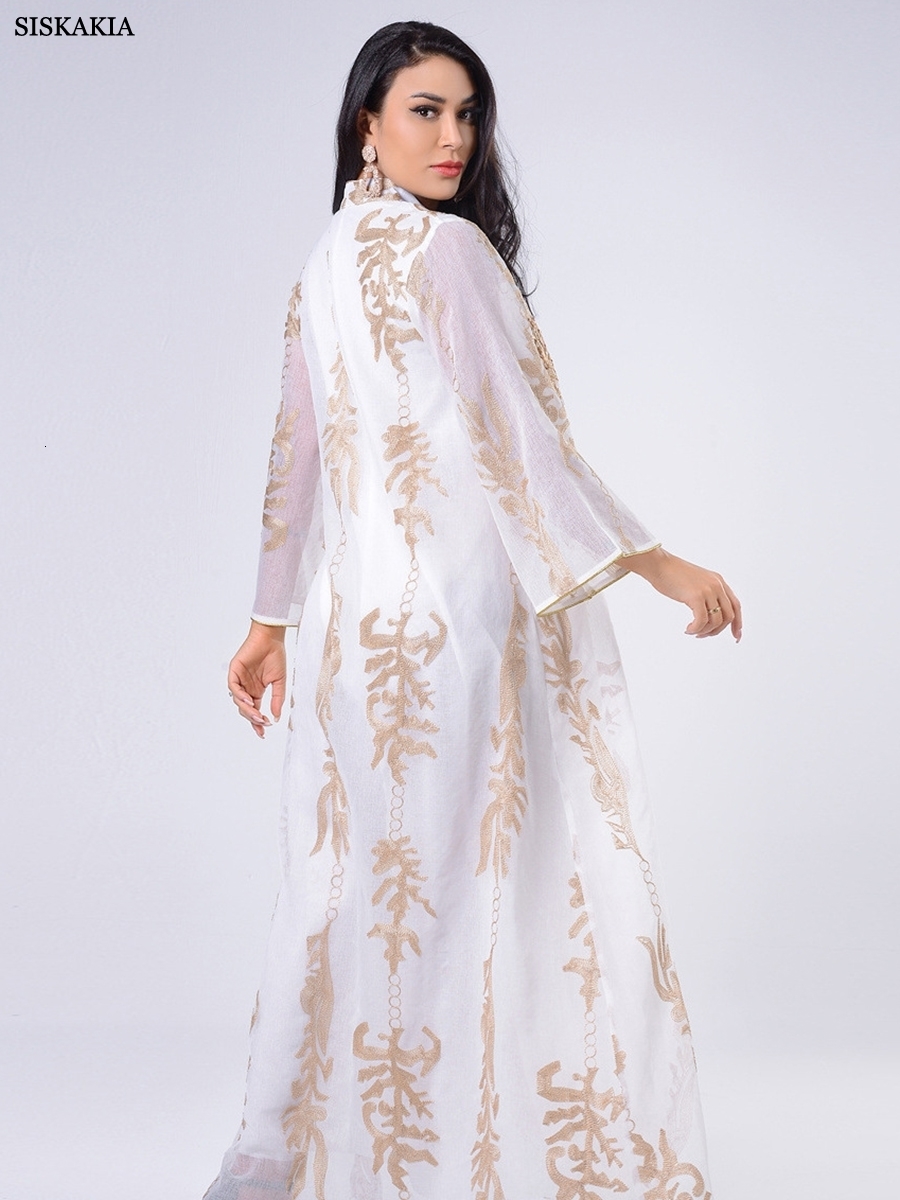 Casual Dresses Siskakia Sequins Embroidered Abaya Dress For Women Moroccan Kaftan Turkey Arabic Jalabiya White Islamic Ethnic Robe Eid 230418