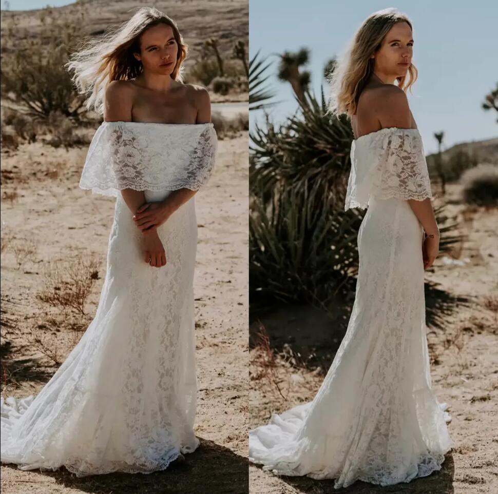 Bohemian Lace Mermaid Wedding Dresses Bateau Neck Sexy Long Bridal Gowns Summer Boho Beach Vestidos De Novia