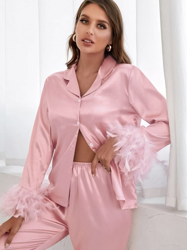 Women's Sleepwear Hiloc Satin Pajamas With Feathers Trouser Suits High Waist Sleepwear Women Pajama Sets With Pants Fur Single Breasted Sets 2304