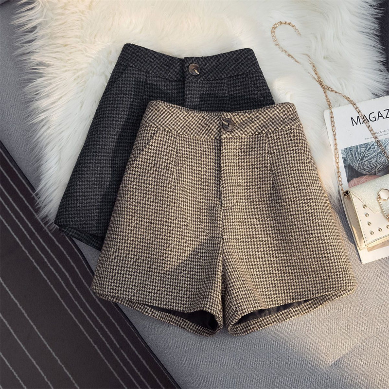 Women's Autumn High Waist Wide Leg Wear Boots Booty Winter Woolen Houndstooth Shorts for Women 230417 XJ260206