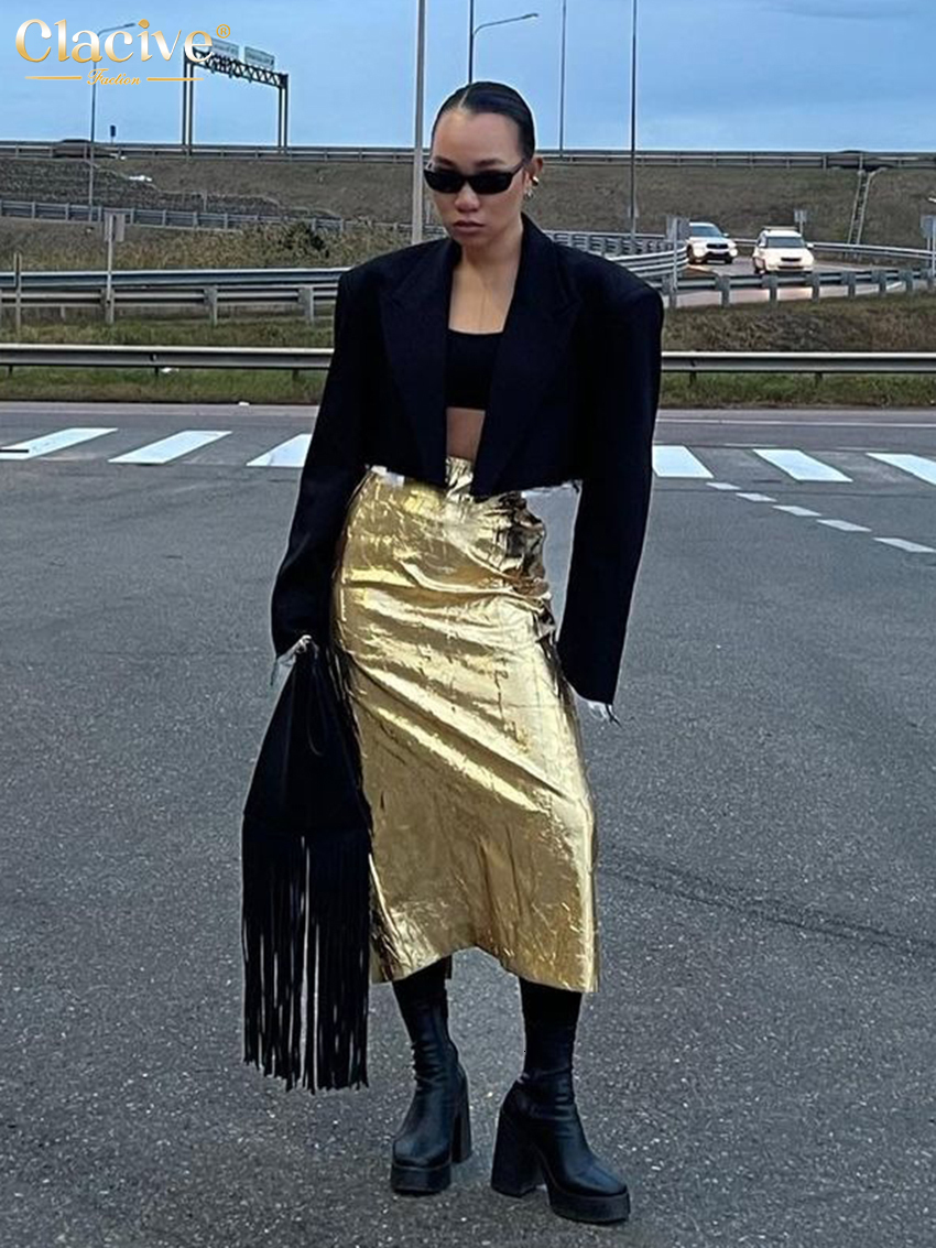 Skirts Clacive Fashion Slim Gold Women'S Skirt Elegant Chic High Waist Midi Skirts Streetwear Vintage Faldas Skirt Female Clothing 230503