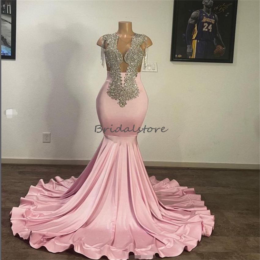 Black Girls Mermaid Pink Prom Dress With Beaded Sexy Backless Elegant Evening Formal Dresses Open Back Aso Ebi Occasion Party Wear 2023 African Engage