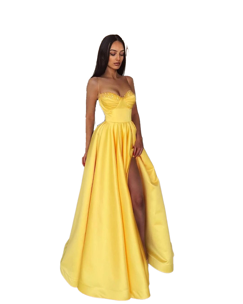 Arabic Yellow Dubai A Line Prom Dresses For Girls Spaghetti Straps Sweetheart Satin Pleats Draped High Side Split Formal Evening Pageant Birthday Part