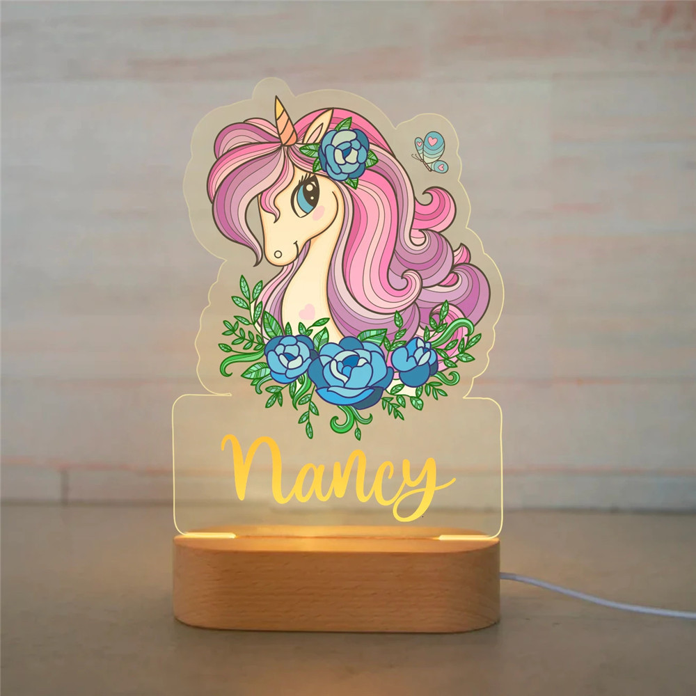 Lamps Shades Personalized Rainbow Unicorn LED USB 7 Colors Night Light Custom Name Acrylic Lamp Wood Base For Baby Kid Children Bedroom Decor 230418