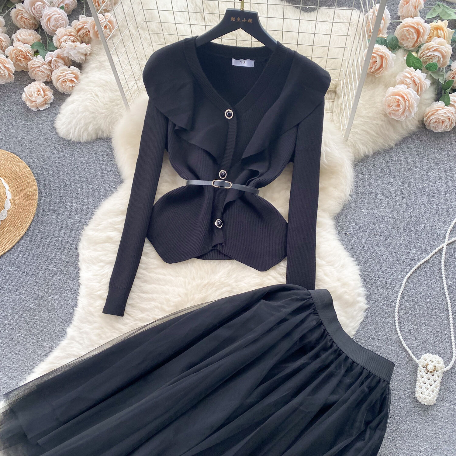 Two Piece Dress High Quality Ruffle Edges And Waistband Long Sleeve Knit Shirt For Women With Autumn And Winter Girls Pleated Mesh Skirt Sets 2024