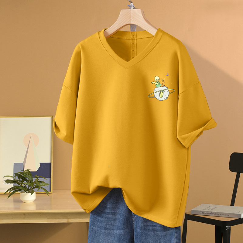 Women's T-Shirt EBAIHUI 100% Cotton L-5XL Plus Size T Shirt Cartoon Print VNeck Tshirt Short Sleeve Women Top Basic Summer Couple Solid T Shirts 