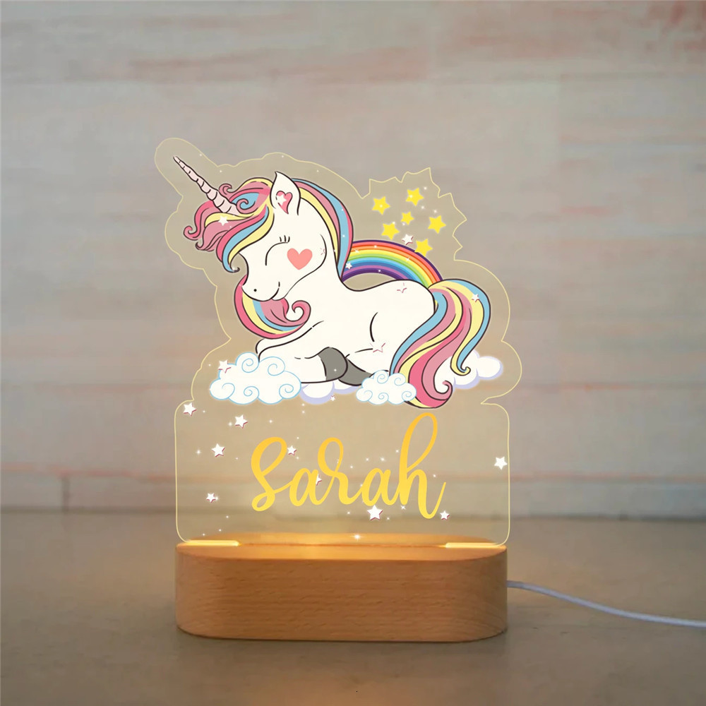Lamps Shades Personalized Rainbow Unicorn LED USB 7 Colors Night Light Custom Name Acrylic Lamp Wood Base For Baby Kid Children Bedroom Decor 230418