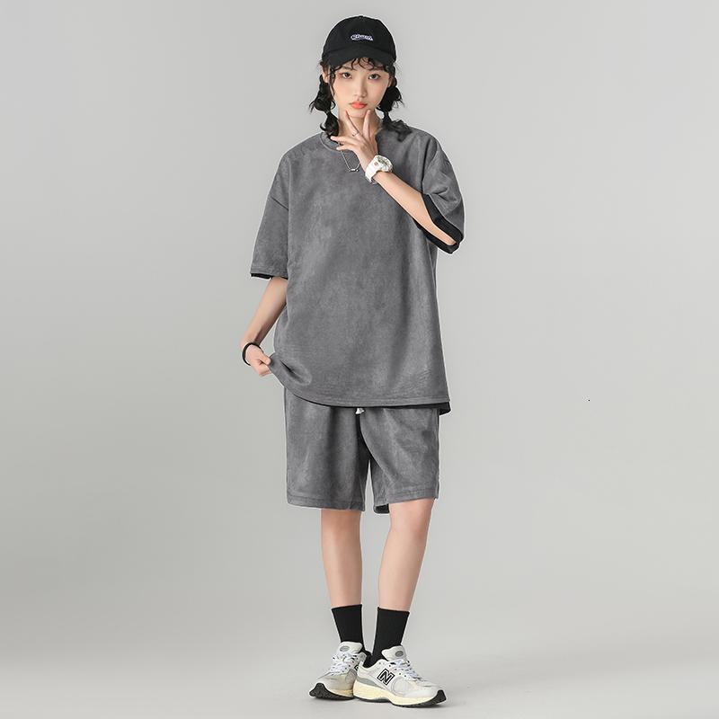 Men's Tracksuits M-3XL Summer Man Short Sets Oversized Solid Tracksuits Mens Casual Two Pieces Short Sleeve T Shirts and Shorts Set Male Female 2