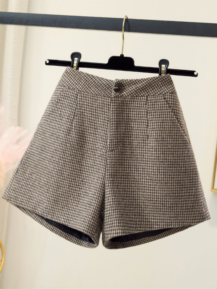 Women's Autumn High Waist Wide Leg Wear Boots Booty Winter Woolen Houndstooth Shorts for Women 230417 XJ260206