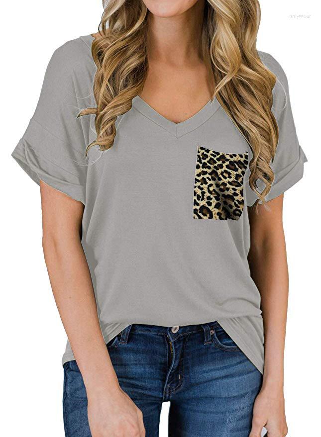 Women's T Shirts For Women Tops Summer V-neck Pocket T-shirt Curled Loose Leopard Print Solid Color All-match Urban Street Home