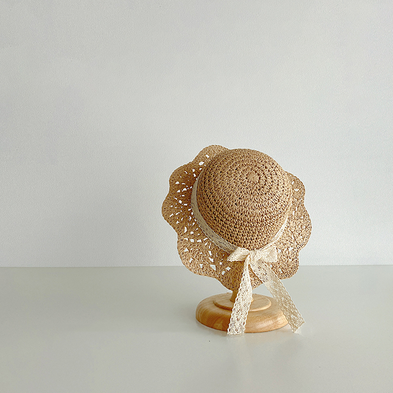 Caps Hats Fashion Baby Petal Brim Straw Woven Hat Sun Protection Lace Cap Kids Girls Princess Collapsible Beach Cute Infant Bucket Hats 230418