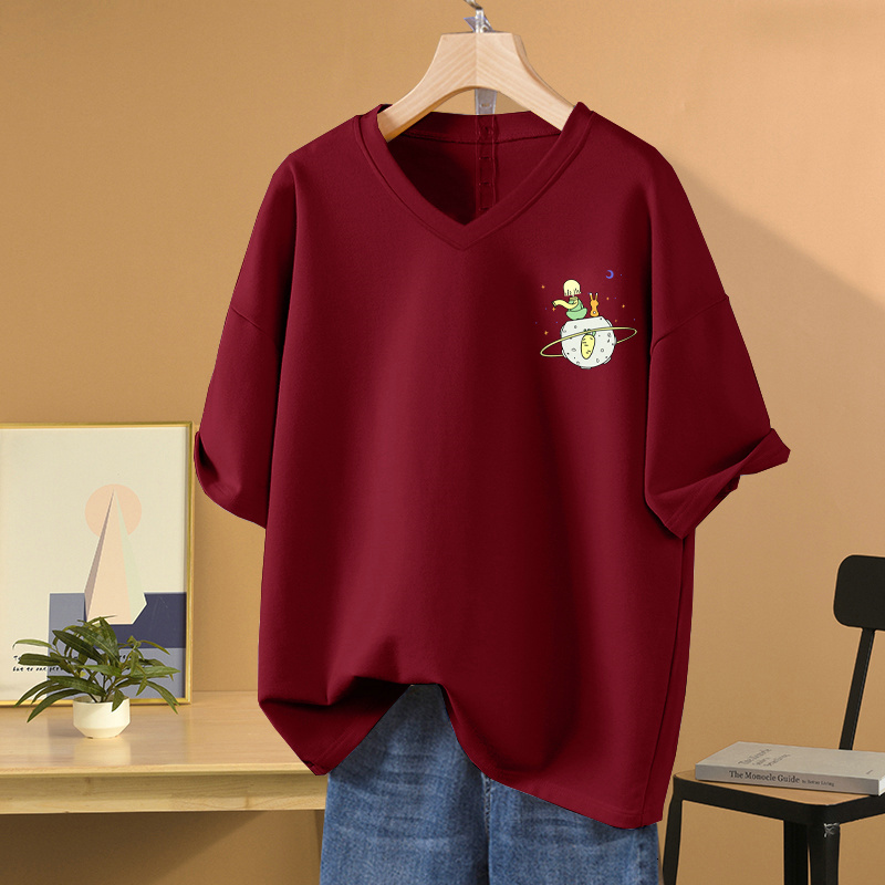 Women's T-Shirt EBAIHUI 100% Cotton L-5XL Plus Size T Shirt Cartoon Print VNeck Tshirt Short Sleeve Women Top Basic Summer Couple Solid T Shirts 