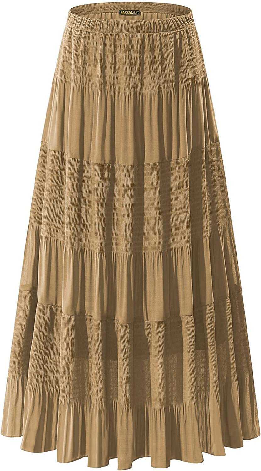 NASHALYLY Women's Chiffon Elastic High Waist Pleated A-Line Flared Maxi Skirts