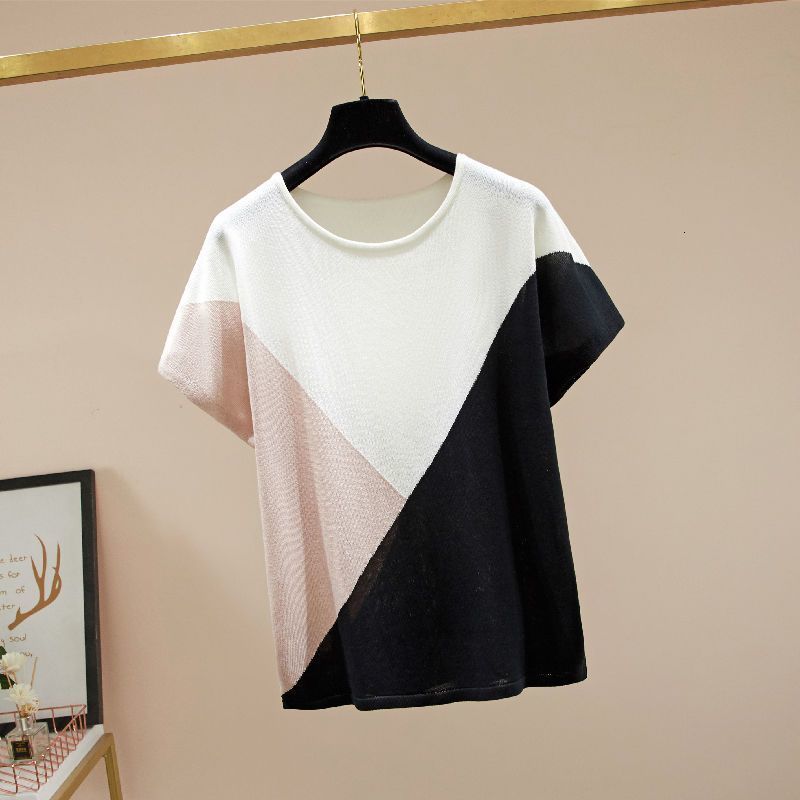 Women's T-Shirt Spring Summer Ice Floss Contrast Color Pullover Women's Top Korean Crew Neck Loose Short Sleeve Plus Size Knitted T-Shirt Tr