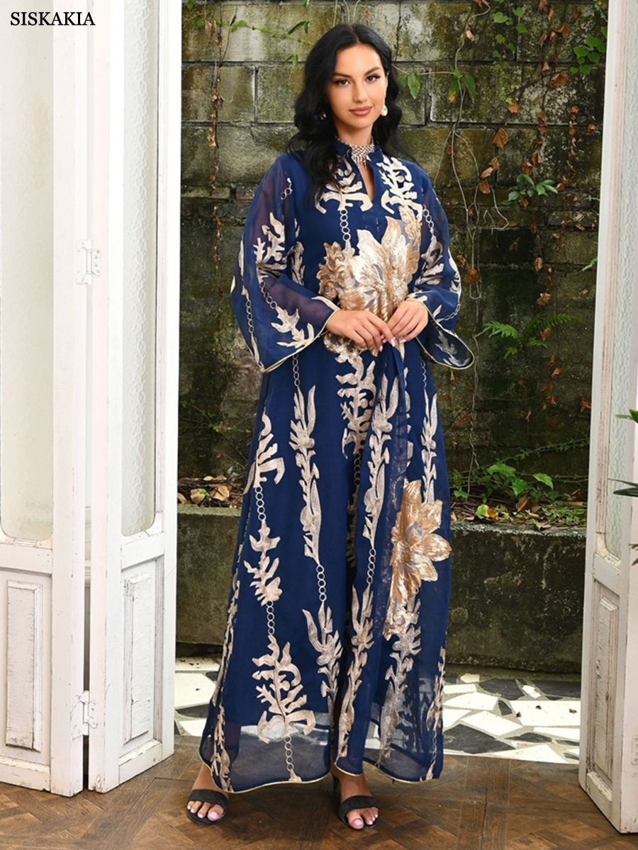 Casual Dresses Siskakia Sequins Embroidered Abaya Dress For Women Moroccan Kaftan Turkey Arabic Jalabiya White Islamic Ethnic Robe Eid 230418