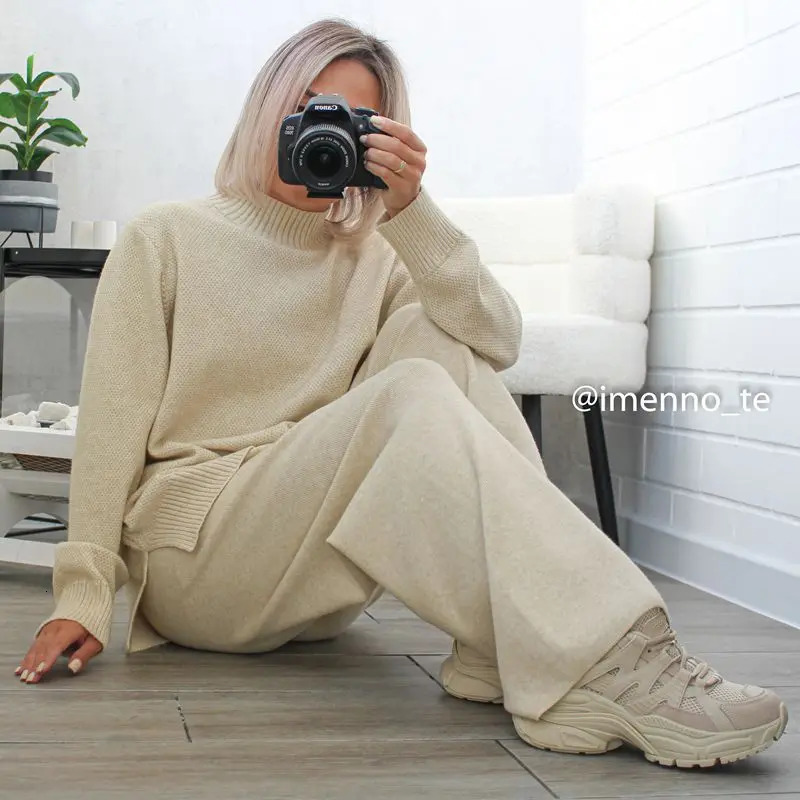 Womens Two Piece Pants GIGOGOU Basic Knitted Winter Sweater Track Suit Extra Large Loose SweaterWide Leg Trouser Set Mens 2Piece 231118wtt