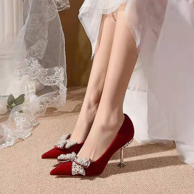 Dress Shoes Rimocy Sweet Bow Pearl Pumps Women Spring Wine Red Metal High Heels Wedding Shoes Woman Sexy Pointed Toe Pumps Ladies 230418