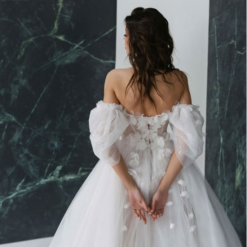 A-Line Organza Wedding Dress 2023 Lantern Sleeves Boat Neck Silt 3D Flower Bride Party Gown Vestidos De Noiva Boho Custom Made