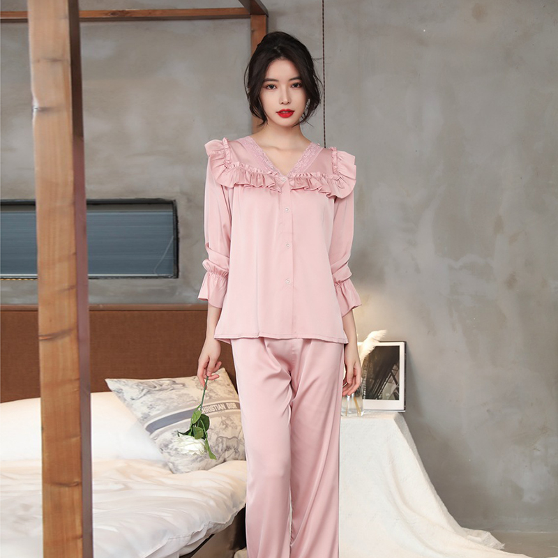 Women's Sleepwear Summer Women Satin Pajamas for Long-sleeved Sleepwear for Korean Sexy Lace Loose Oversized Home Clothes Suit 230418