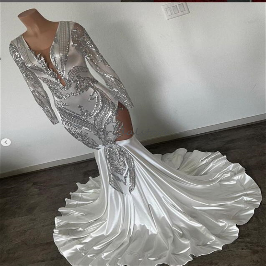 Beautiful Silver Sequin Prom Dress For Black Girl Chic Long Sleeve Mermaid Evening Dresses For 16 Birthday Formal Party Occasion Graduations 2023 vest