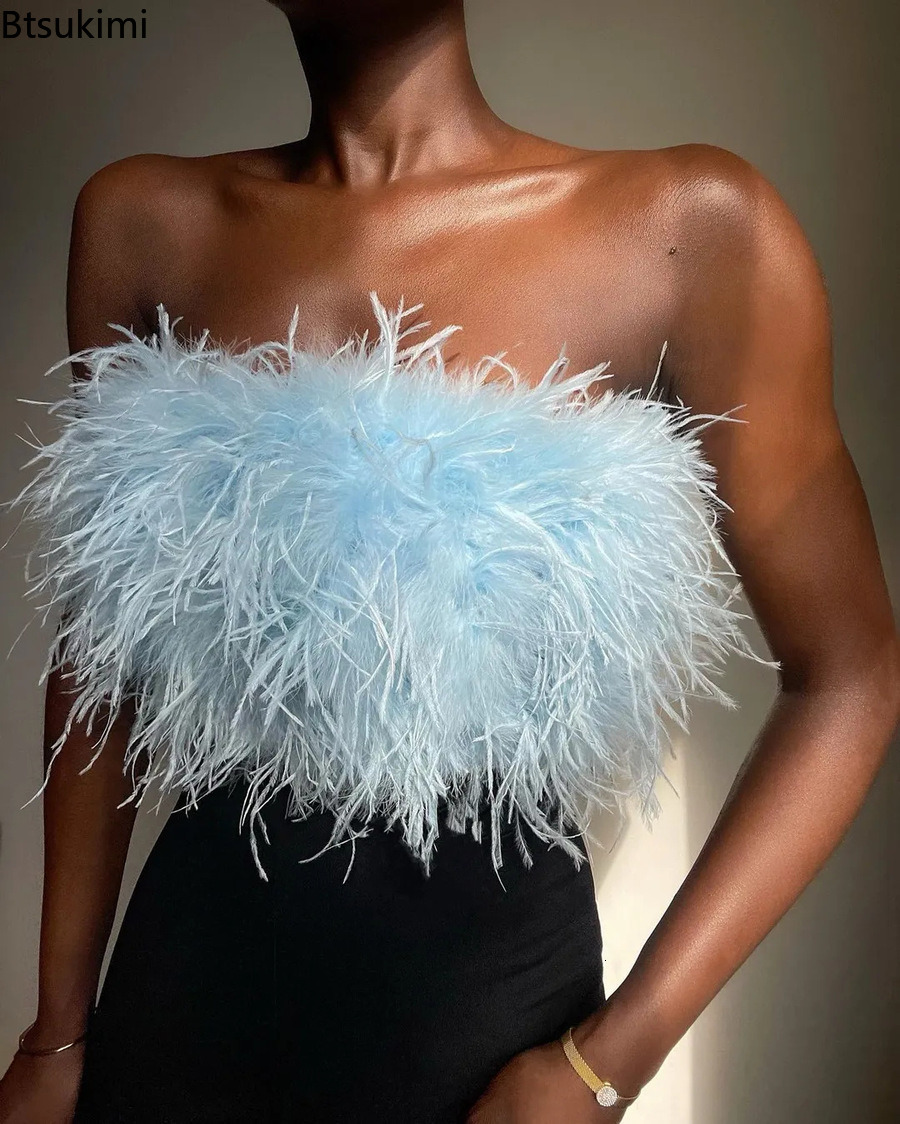 Women's Tanks Camis 2023 Summer Women Feather Top Sexy Off Shoulder Cropped Y2K Tube Furry Crop Party Club Tank Woman Zipper Green s Cute 230417