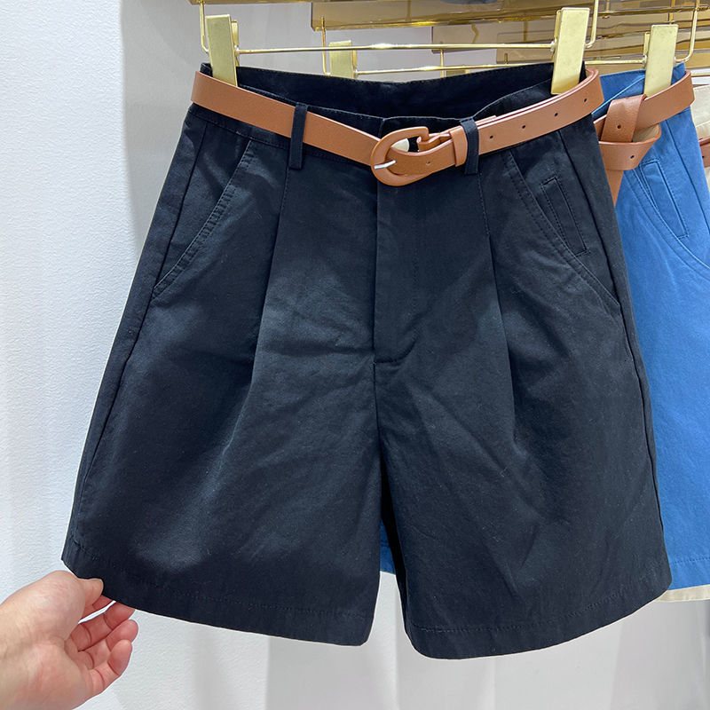Women's Shorts Women's Denim Shorts High Waist Short with Belt Blue Red Khaki Casual Cotton Solid Loose Casual Bermuda Summer Shorts for Wom