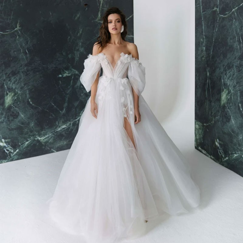 A-Line Organza Wedding Dress 2023 Lantern Sleeves Boat Neck Silt 3D Flower Bride Party Gown Vestidos De Noiva Boho Custom Made