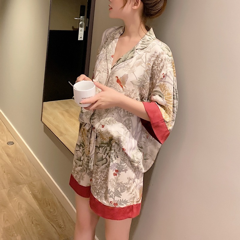 Women's Sleepwear Summer Ladies Sweet Satin Silk Floral Printed Pajamas Set Short SleevePants Women Ice Silk Cute Homewear Casual Wear 230418