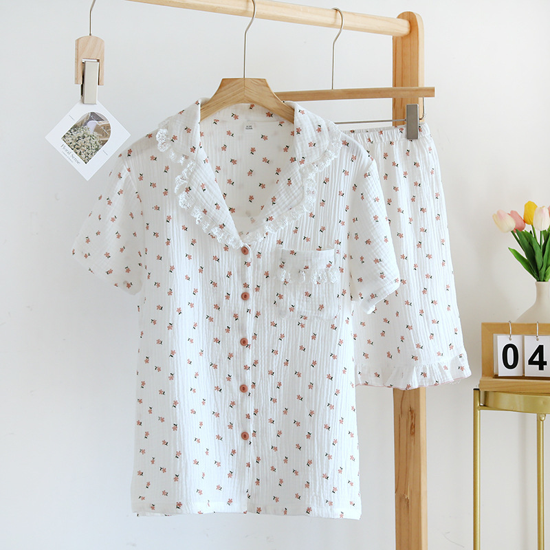 Women's Sleepwear Japanese style summer cotton short-sleeved shorts pajamas suit women double gauze cute strawberry thin home service women 23041
