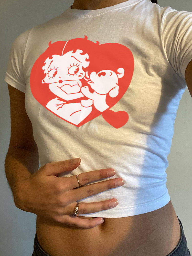 Women's T-Shirt Womens Kalevest Y2K Tops Cyber Graphic Crop Top White Vintage Women Short Slve Gyaru Ts 2000s Clothes Female T-Shirts 230418 H252