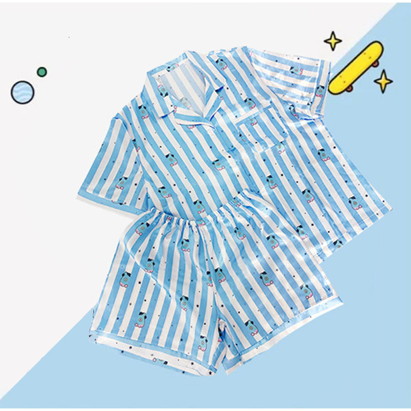 Women's Sleepwear Stripe Women Pajamas Set Single Breasted Short Sleeve Ladies Homewear Suits with Shorts Elastic Waist Summer Cartoon Sleepwear 