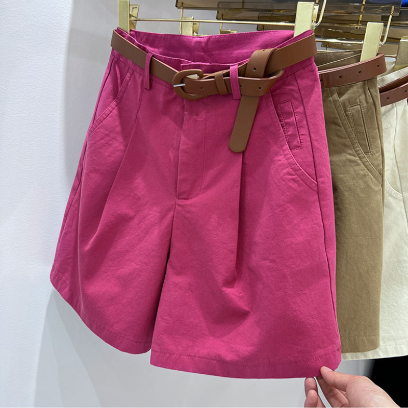 Women's Shorts Women's Denim Shorts High Waist Short with Belt Blue Red Khaki Casual Cotton Solid Loose Casual Bermuda Summer Shorts for Wom