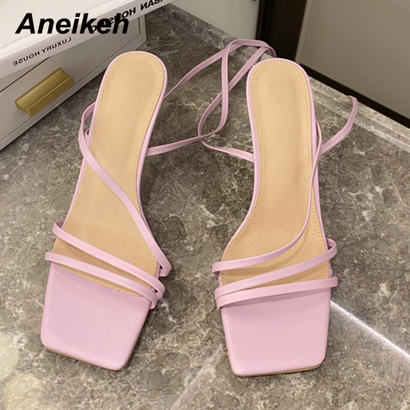 Sandals Aneikeh Shoes PU Sandals Women Summer Peep Toe Open Party Cross-Tied Gladiator Lace-Up Back Strap Fashion Solid Elegant 230418