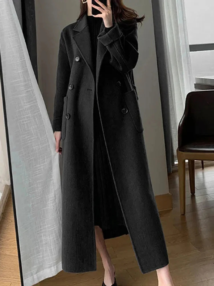 Women's Wool Blends Jmprs Winter Woolen Long Coat Casual Women Double Breasted Faux Wool Jacket Fall Fashion Korean Ladies Black Clothes 231117