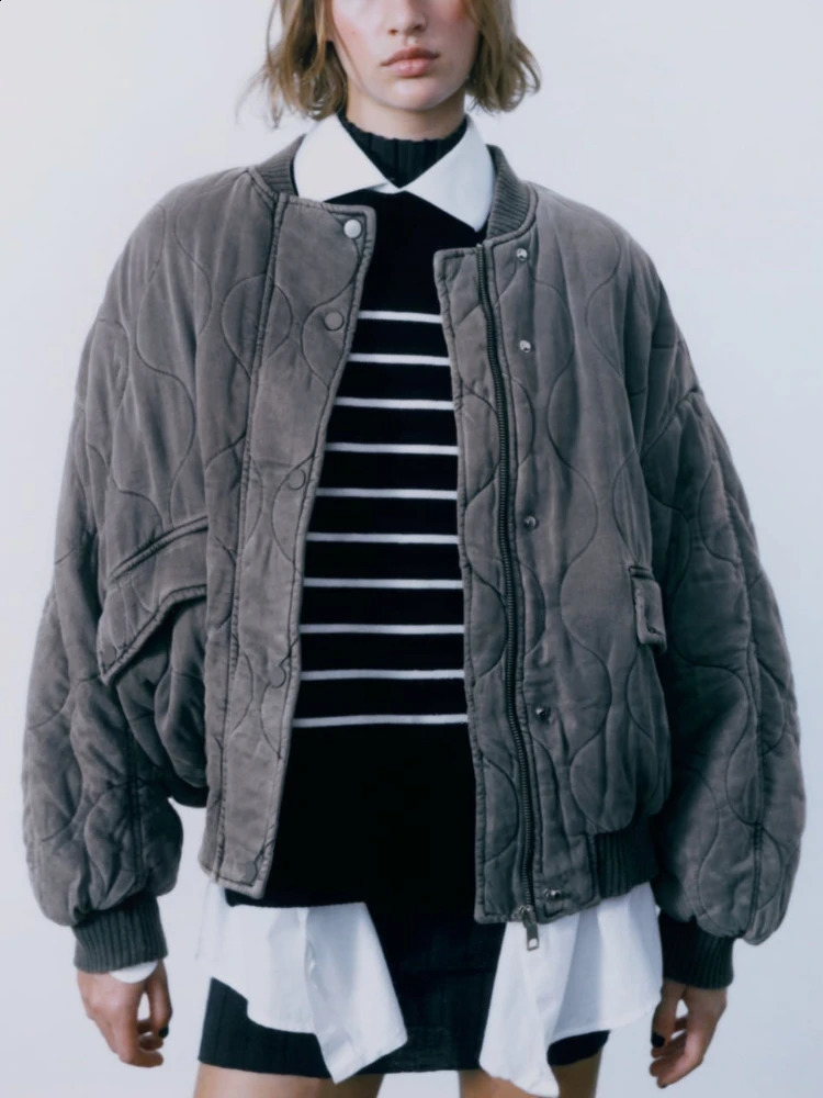 Womens Jackets ZBZA Autumn and Winter Quilted Loose Bomber Jacket Long Sleeve Flap Pocket Zipper Warm Coat