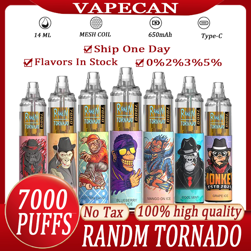 RandM Tornado Puff 7000 Puffs 7K Original Fumot Disposables Vapes Pen Vaper Puff 7000 Electronic Cigarettes 14ml Pod Mesh Coil 6 RGB Rechargeable Air-adjustable 0% 2% 3% 5%