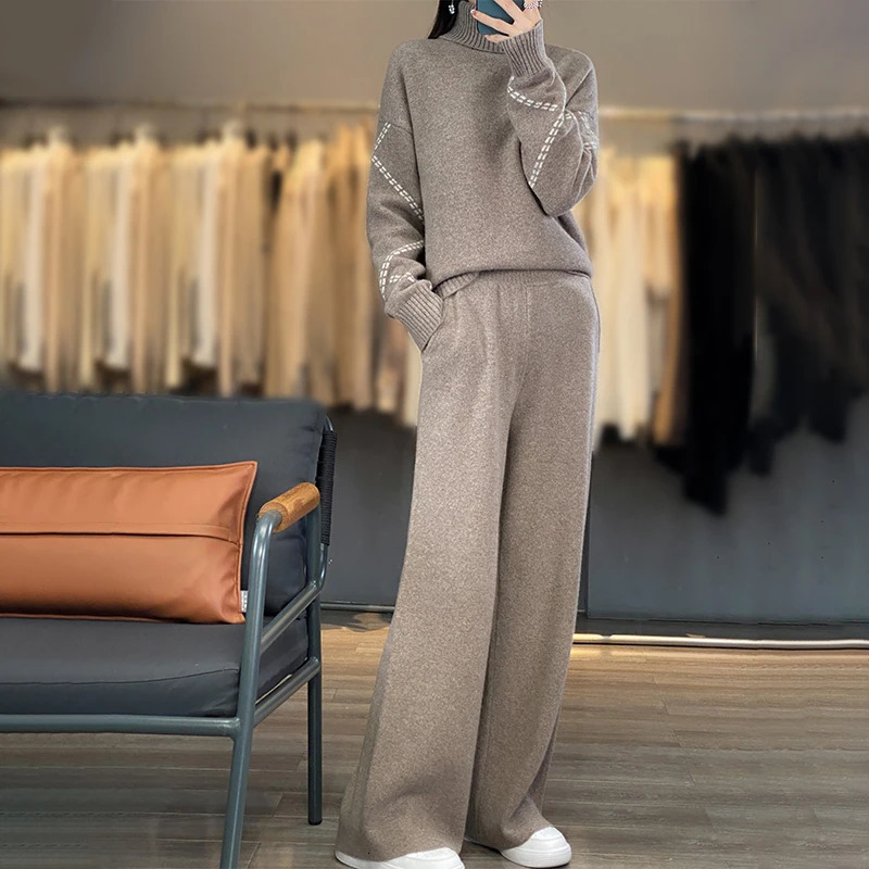Womens Two Piece Pants selling womens pants long sleeved knitted pullover high neck sweater casual wide leg 100% cotton set 231118wtt