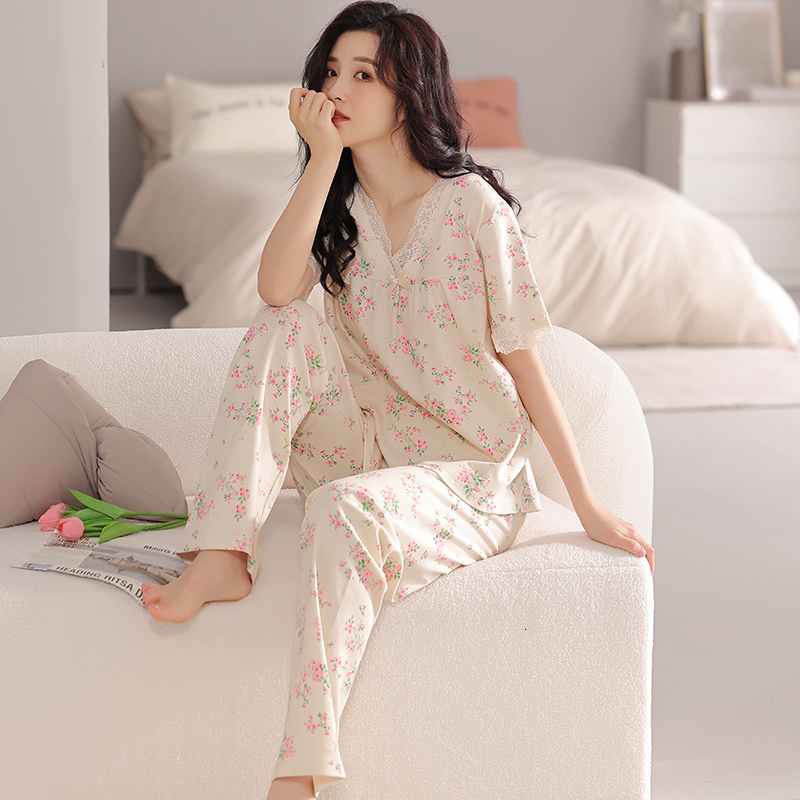 Women's Sleepwear Summer small floral pyjamas women big yards female modal cotton pajamas set short sleeve long pants casual tracksuit pijamas 4X