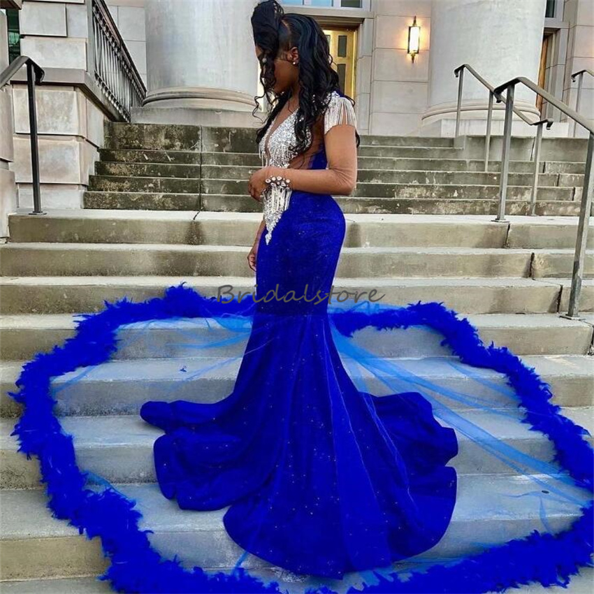 Royal Blue Feather Prom Dress Luxury Black Girls Mermaid Beaded Evening Gown Aso Ebi South African Formal Occasion Birthday Wear Beaded Crystal Robe D