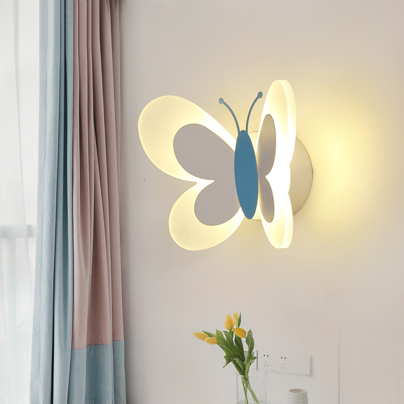Lamps Shades Cartoon Cute Blue Pink Butterfly Wall Lamp Creative Wall Mount LED Light Kids Child Girl Boy Baby Bedroom Nursery School Decor 230418