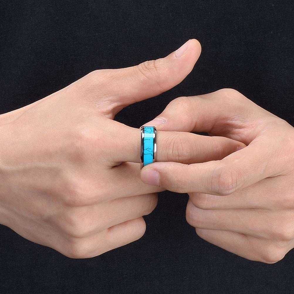 Band Rings Fashion 8mm Men Silver Color Tungsten Wedding Ring Blue Turquoise Stone Inlaid Polished Flat Ring For Men Wedding Band Jewelry AA230417